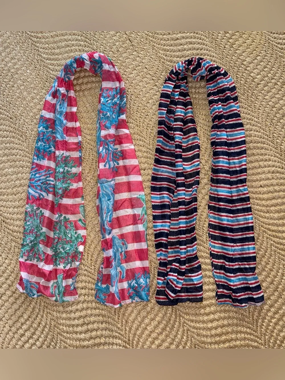 Lightweight Women's Striped & Coral Scarves - Pink Blue Navy Teal Set of 2